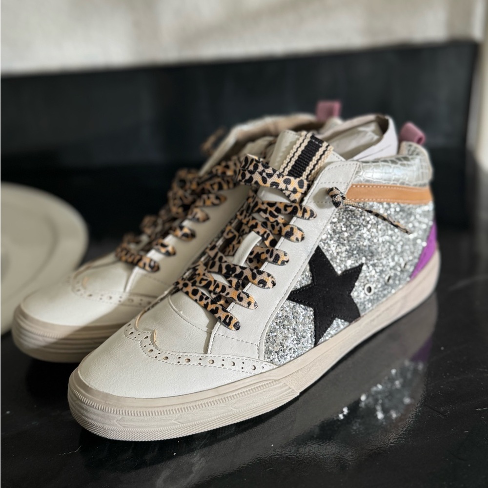 Glitter High-Top Sneakers with Leopard Laces